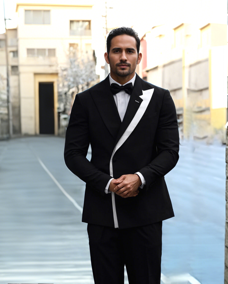 Men's Black Textured Tuxedo Jacket, Asymmetric Red Satin Peak Lapel Slim Formal Suit for Groom Wedding Host Banquet