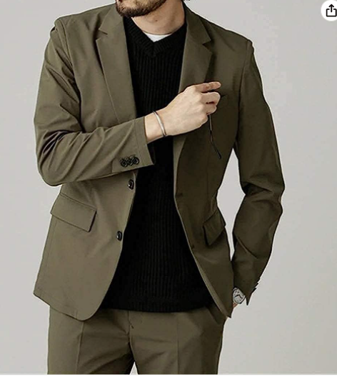 Men Olive Green Casual Suit Two Piece Slim Fit Lightweight Business Blazer Pants Set Daily Commuter Street Outfit