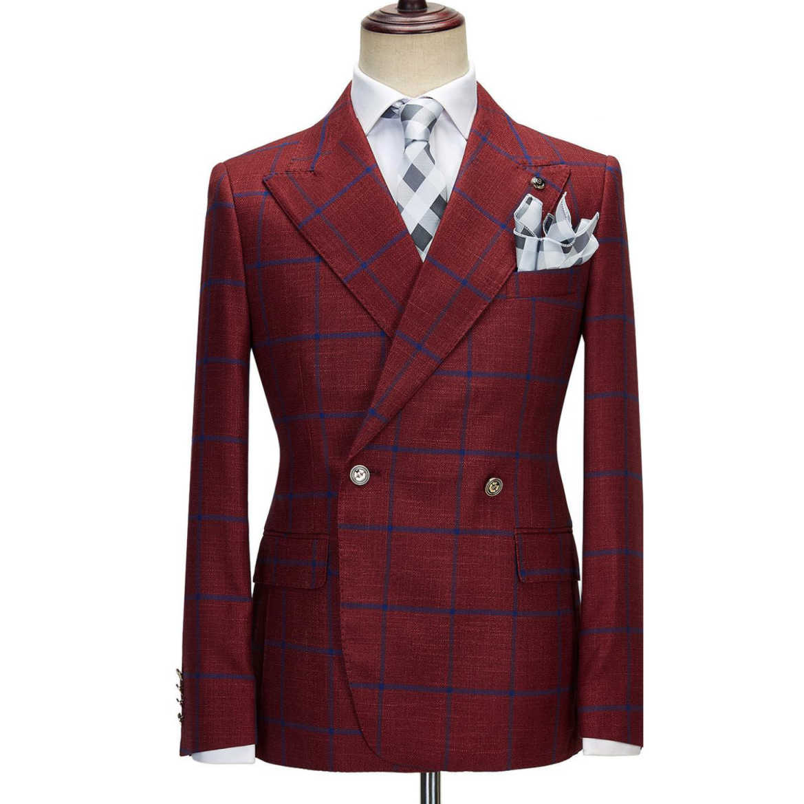 Men's Checked Blazer Peak Lapel Double Breasted Buttons Coat for Daily Business Trip