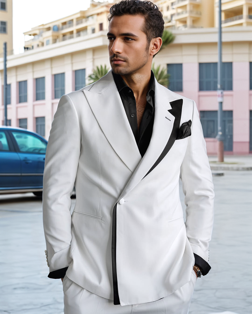 Men's Black Textured Tuxedo Jacket, Asymmetric Red Satin Peak Lapel Slim Formal Suit for Groom Wedding Host Banquet