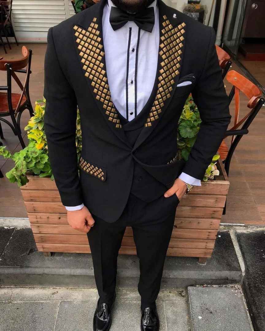 Men Black 3 Piece Tuxedo with Gold Square Studs Lapel Slim Fit Wedding Party Stage Formal Suit