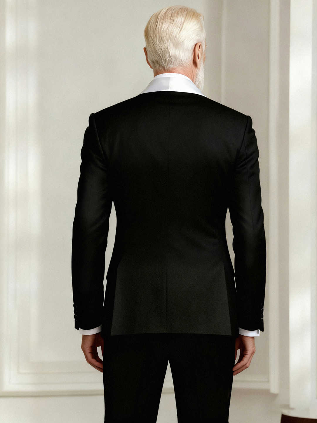 Men's Asymmetric Satin Shawl Lapel Double Breasted Tuxedo Black & White Formal Suit