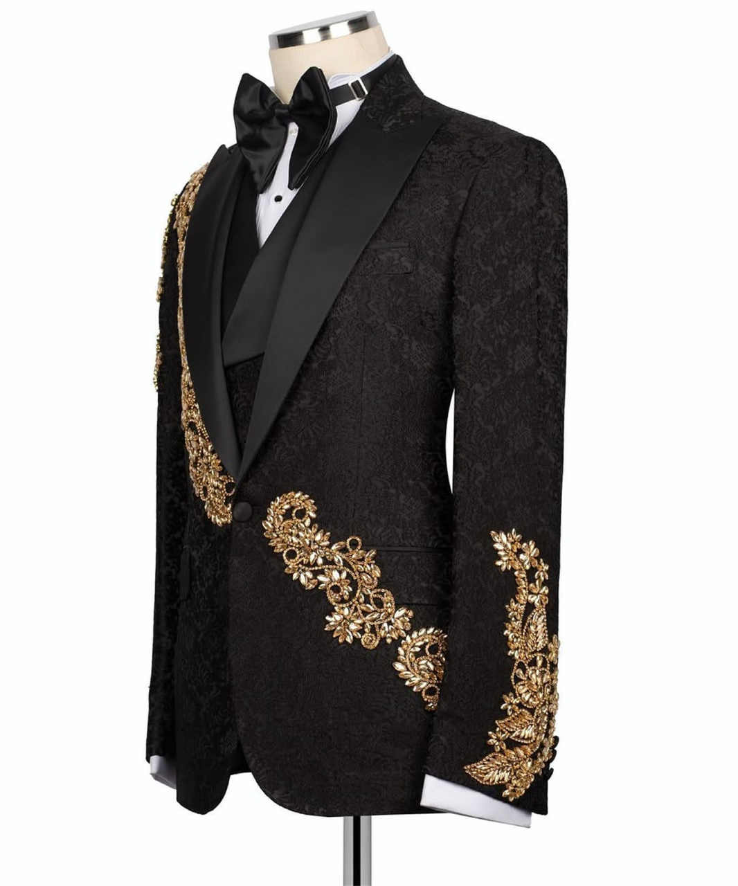 Men's Luxury Jacquard 3-Piece Suit with Rhinestone Slim Fit and Pointed Lapel, Suit Jacket, Vest, and Trousers Set, Suitable for Proms and Parties