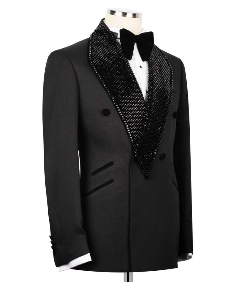 Men's Black Matte Double Breasted Tuxedo Jacket, Shawl Lapel Fully Covered Dense Black Rhinestones Slim Formal Blazer for Groom Banquet Stage Show
