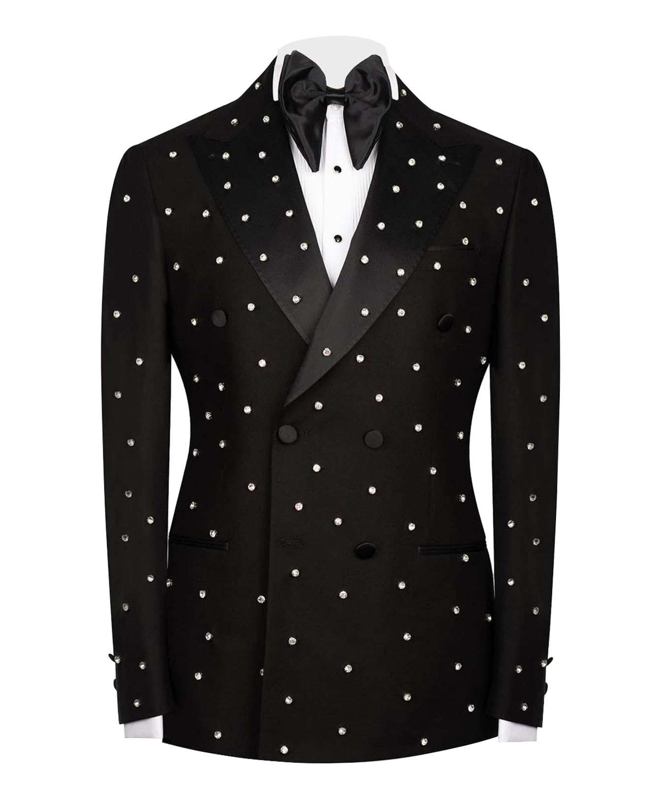 Mens 2 Pieces Suit Slim Fit Double Breasted Tuxedo Blazers Pants Outfit with Handmade Crystal Rhinestone