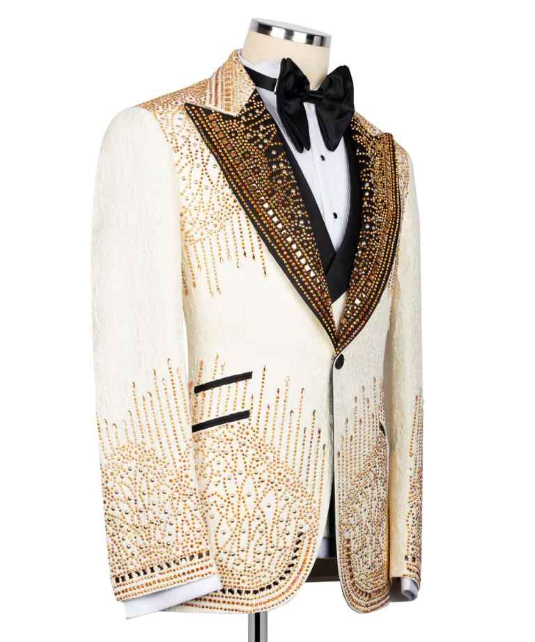 French style Shiny Beadwork Men Suits Slim Fit Peak Lapel Groom Wedding Tuxedos Male Prom Blaers 3Pieces Sets trajes para hombre