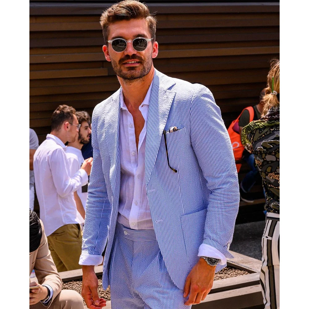 Chic Seersucker Men Suits Blue Striped Peak Lapel Casual Daily Outfits Wedding Party Business Summer Events Male Suit 2 Piece