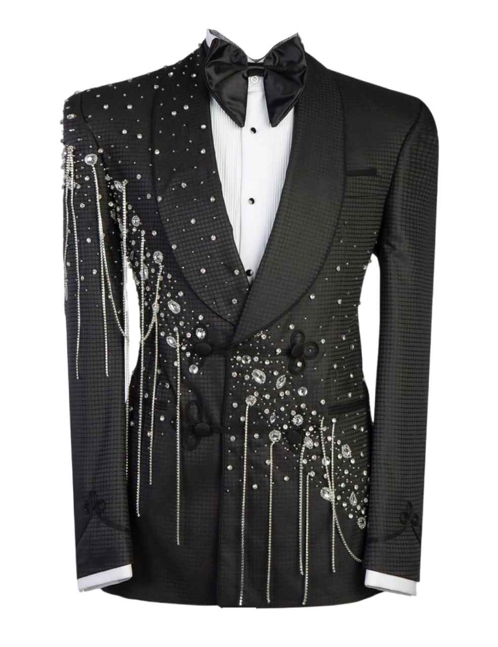 Slim Fit Black Men's Tailcoat Jacket, Handmade Rhinestones, Peak Lapel Double Breasted, Ideal for Evening Parties & Dances