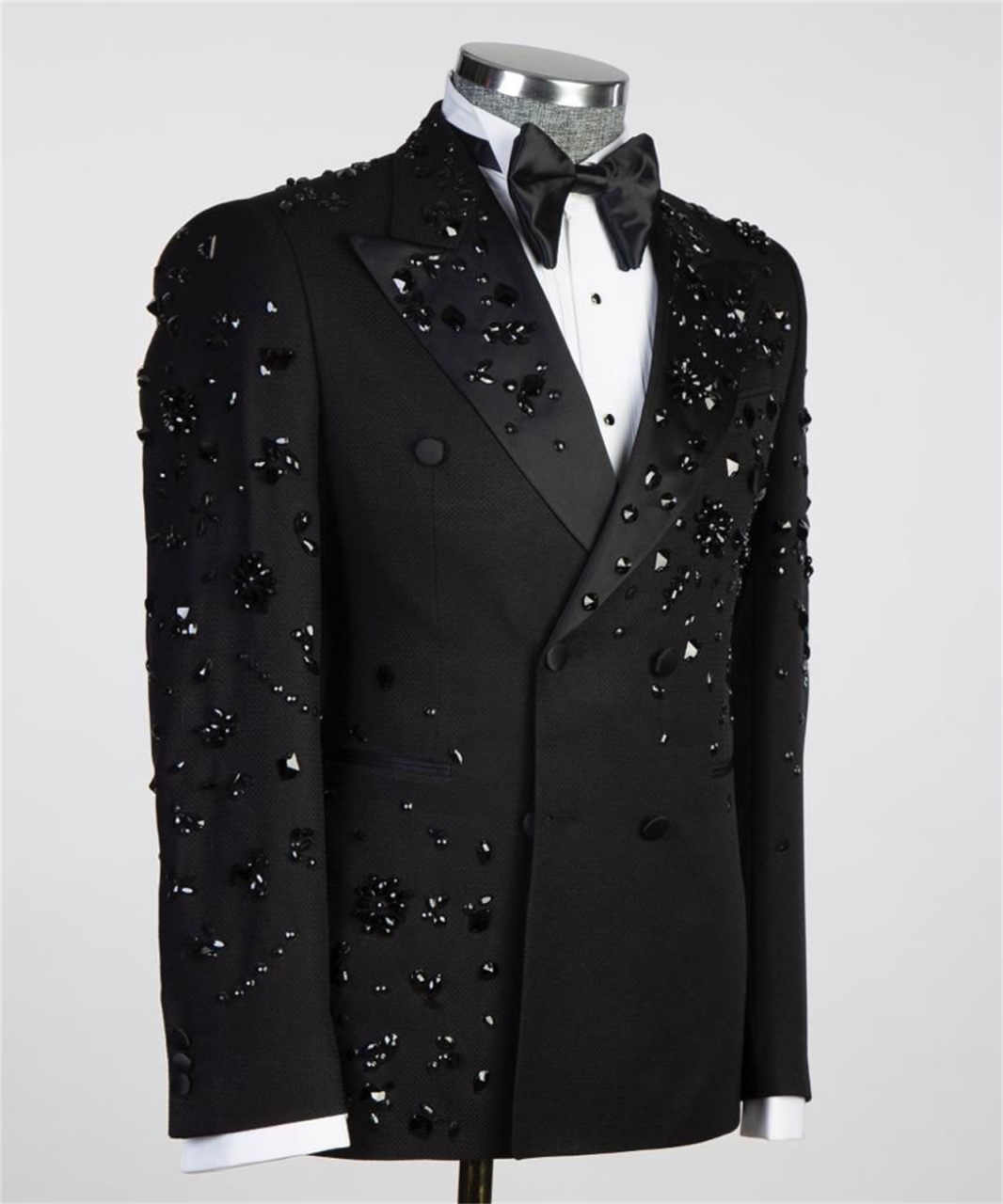 Luxury Men's 2 Piece Suit Slim Fit Double Breasted Beads Crystal Party Wedding Tuxedo Suits Blazer Jacket Pants Set