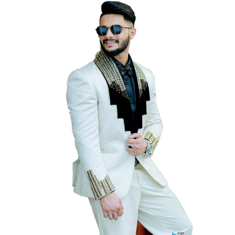 Fashion Wedding Tuxedos Beaded 2 Piece Set Jacket Pants Shawl Lapel Men Suit Formal Trim Fit Party Suits Customized