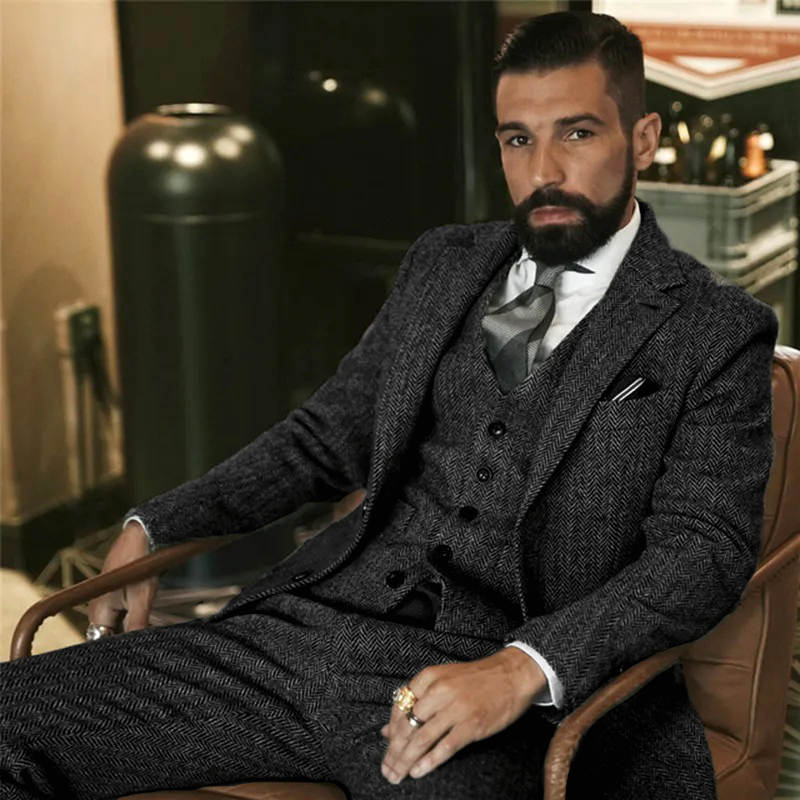 Men's Vintage Herringbone Tweed 3 Piece Suit Wool Blazer Waistcoat Trousers
