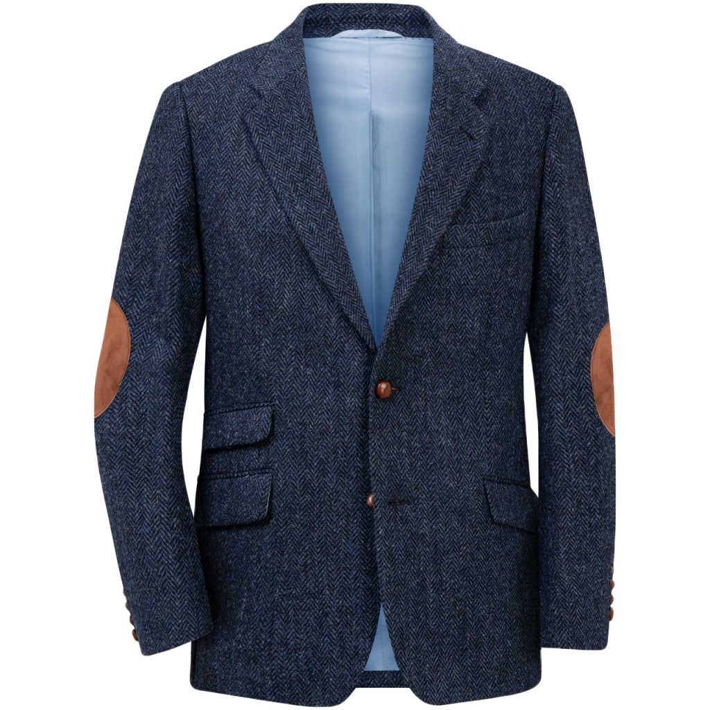 Men's Twill Soft Wool Sport Blazer, Vintage British Norfolk Jacket with Herringbone Notched Lapels & Elbow Patches, Wool Blend Fabric