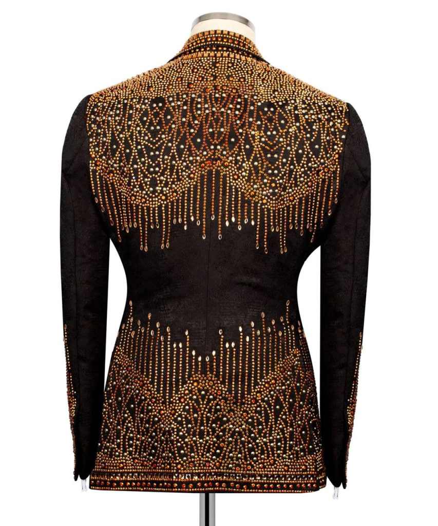 Men's 3-Piece Black Textured Tuxedo Suit, Full Body Gradient Gold Brown AB Rhinestones Shawl Lapel Matching Waistcoat & Trousers for Stage Wedding Banquet