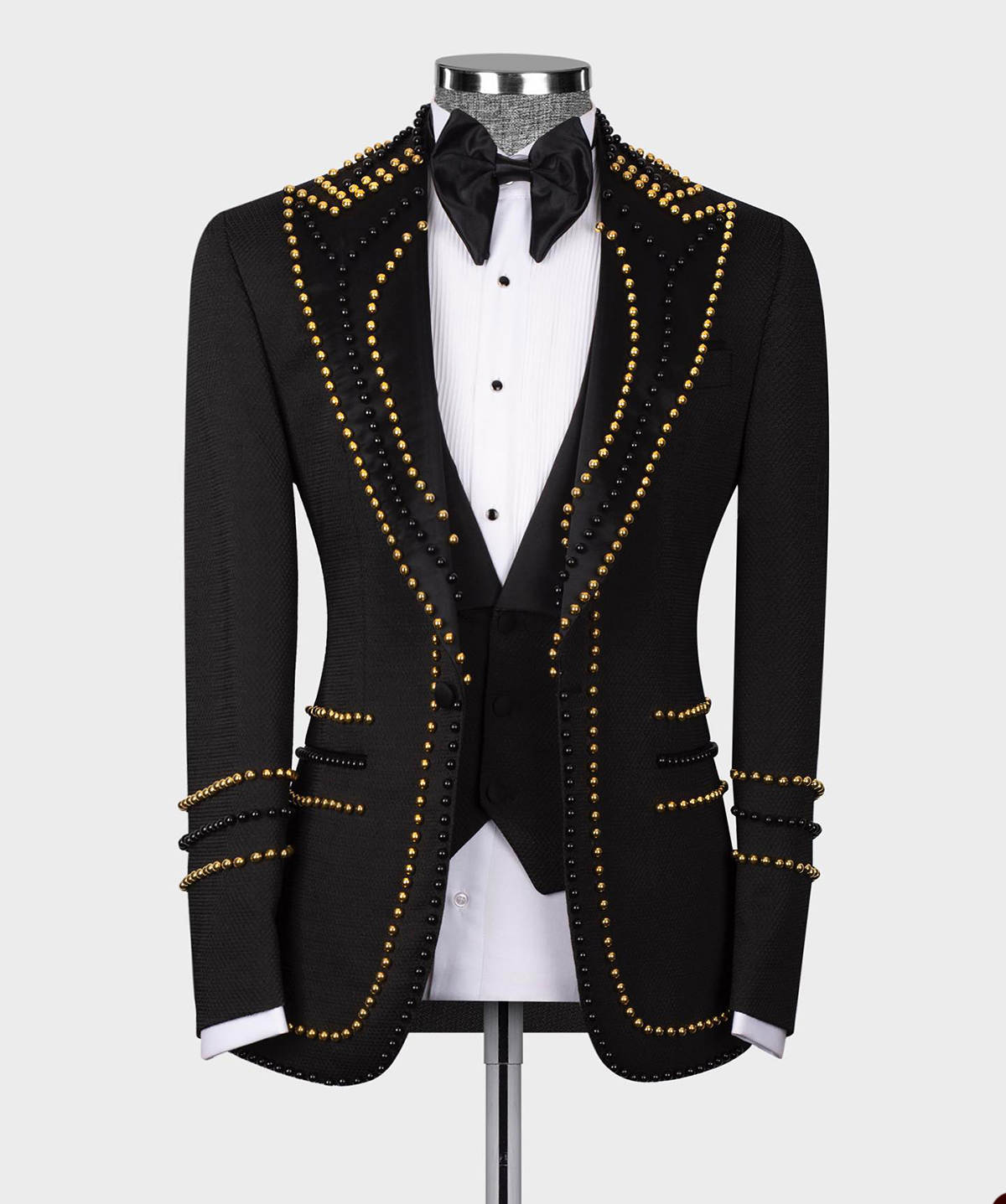 Men's 3-Piece Black Textured Tuxedo Suit, Shawl Lapel Gold & Black Round Beads Embroidery Matching Waistcoat & Satin Stripe Trousers