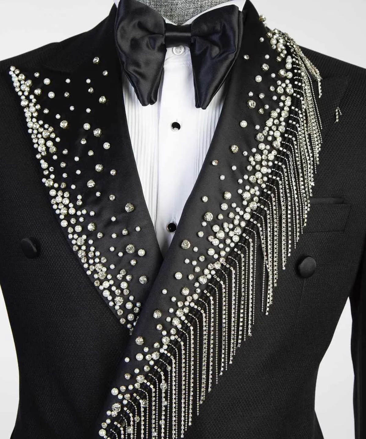 Men's Black Double Breasted Tuxedo with Handmade Rhinestone Fringe Lapel, Slim Formal Suit for Groom Wedding Stage Hosting