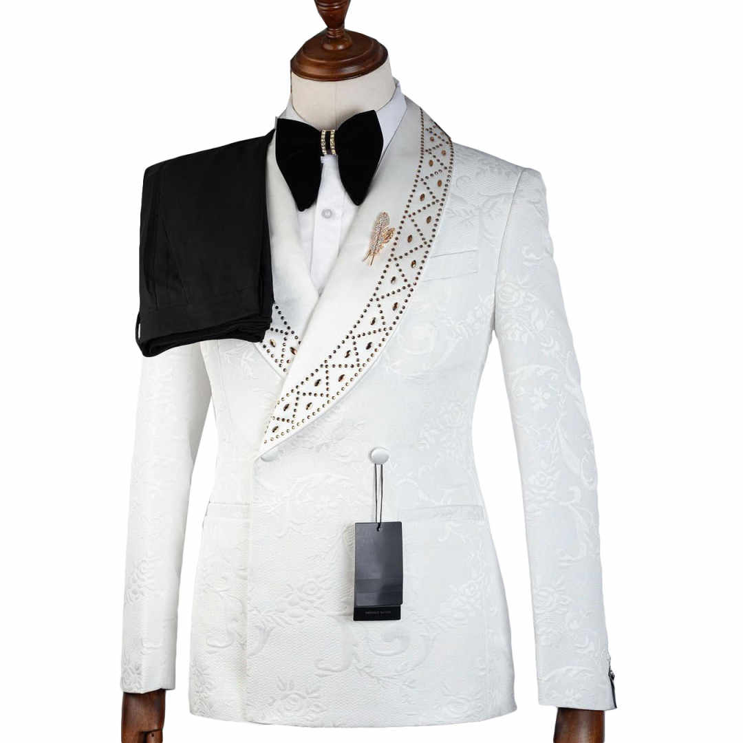 Elegant Wedding Suits For Groom Shawl Lapel Double Breasted Rhinestone Tuxedos 2 Pcs Jacket Pants Party Prom Customized