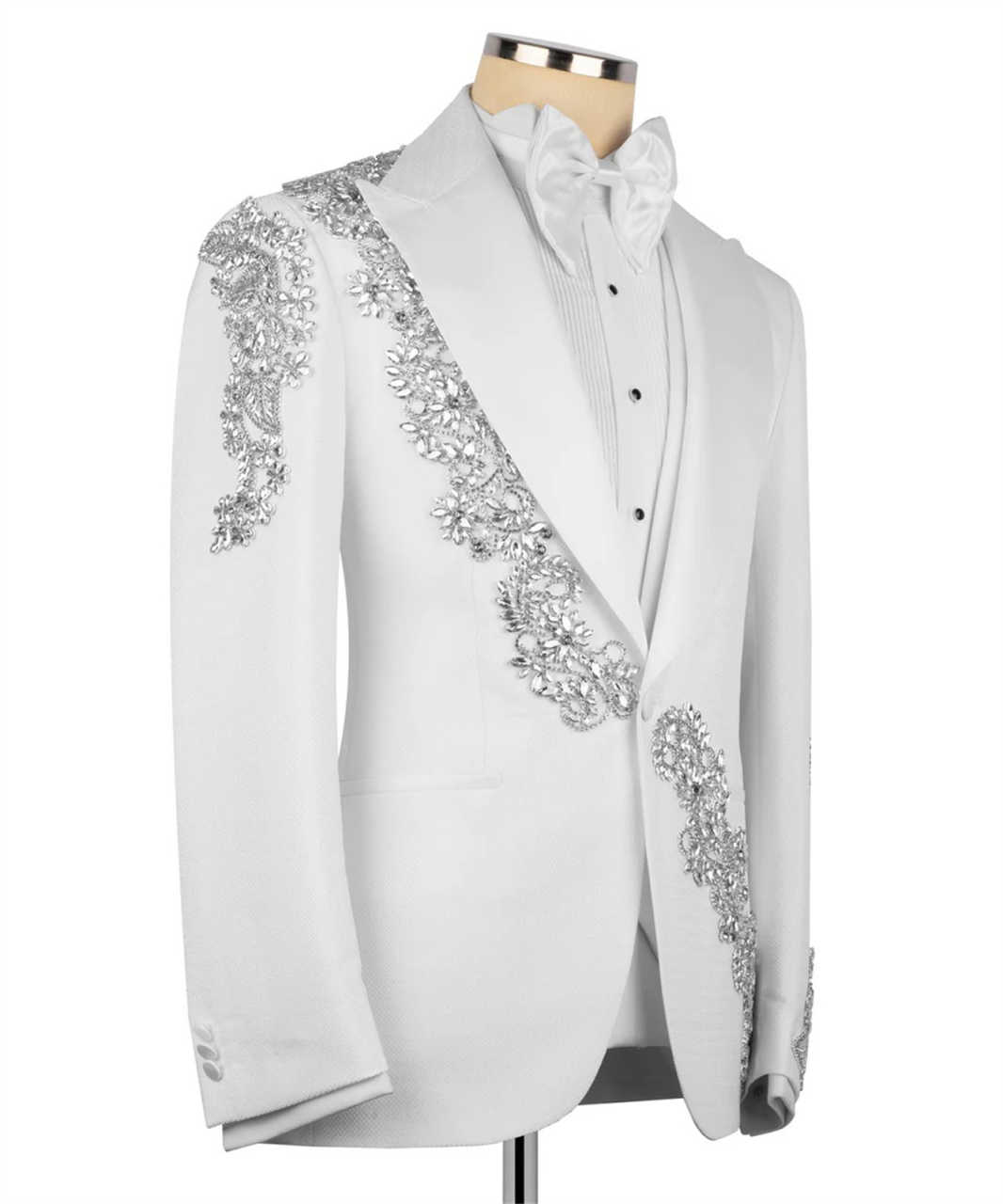 4 Pieces Men's Tuxedo Suits Slim Luxury Rhinestones Blazer Vest Pants with Tie Set for Wedding,Prom,Party,Dinner