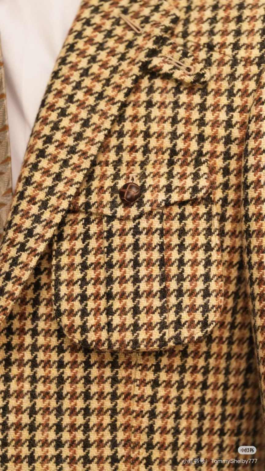 Men's Vintage Brown Houndstooth Tweed Single Breasted Blazer, Notch Lapel British Wool Casual Sport Coat for Autumn Winter