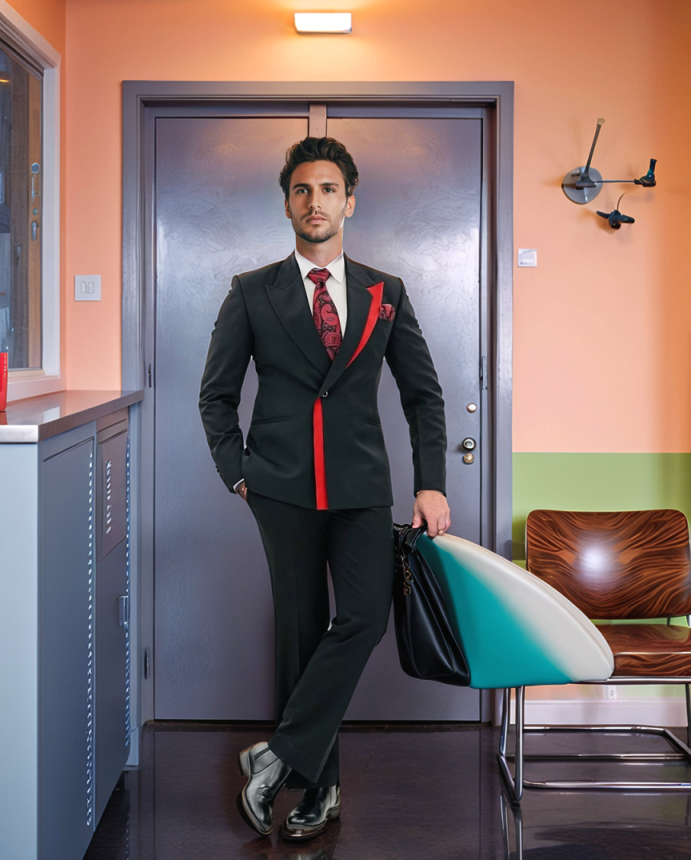 Men's Black Textured Tuxedo Jacket, Asymmetric Red Satin Peak Lapel Slim Formal Suit for Groom Wedding Host Banquet