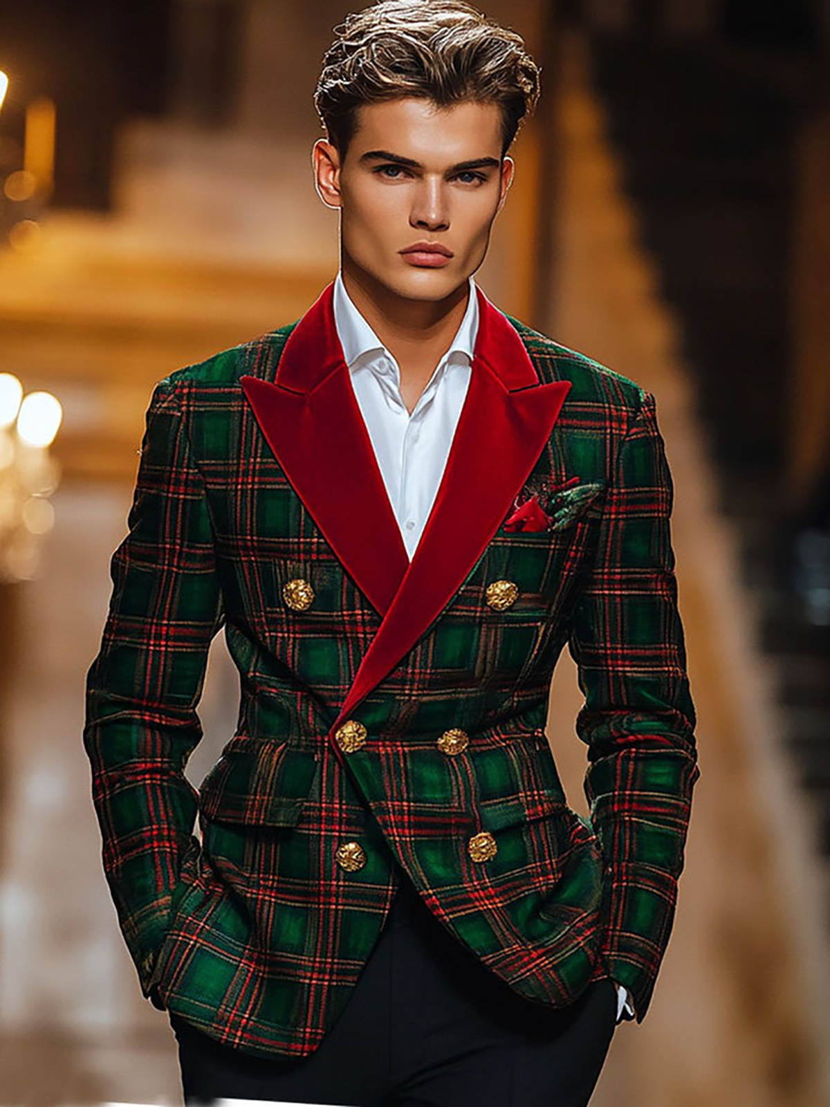 Men's Vintage Green Red Tartan Double Breasted Blazer, Red Velvet Peak Lapel Gold Buttons Formal Jacket for Banquet Holiday