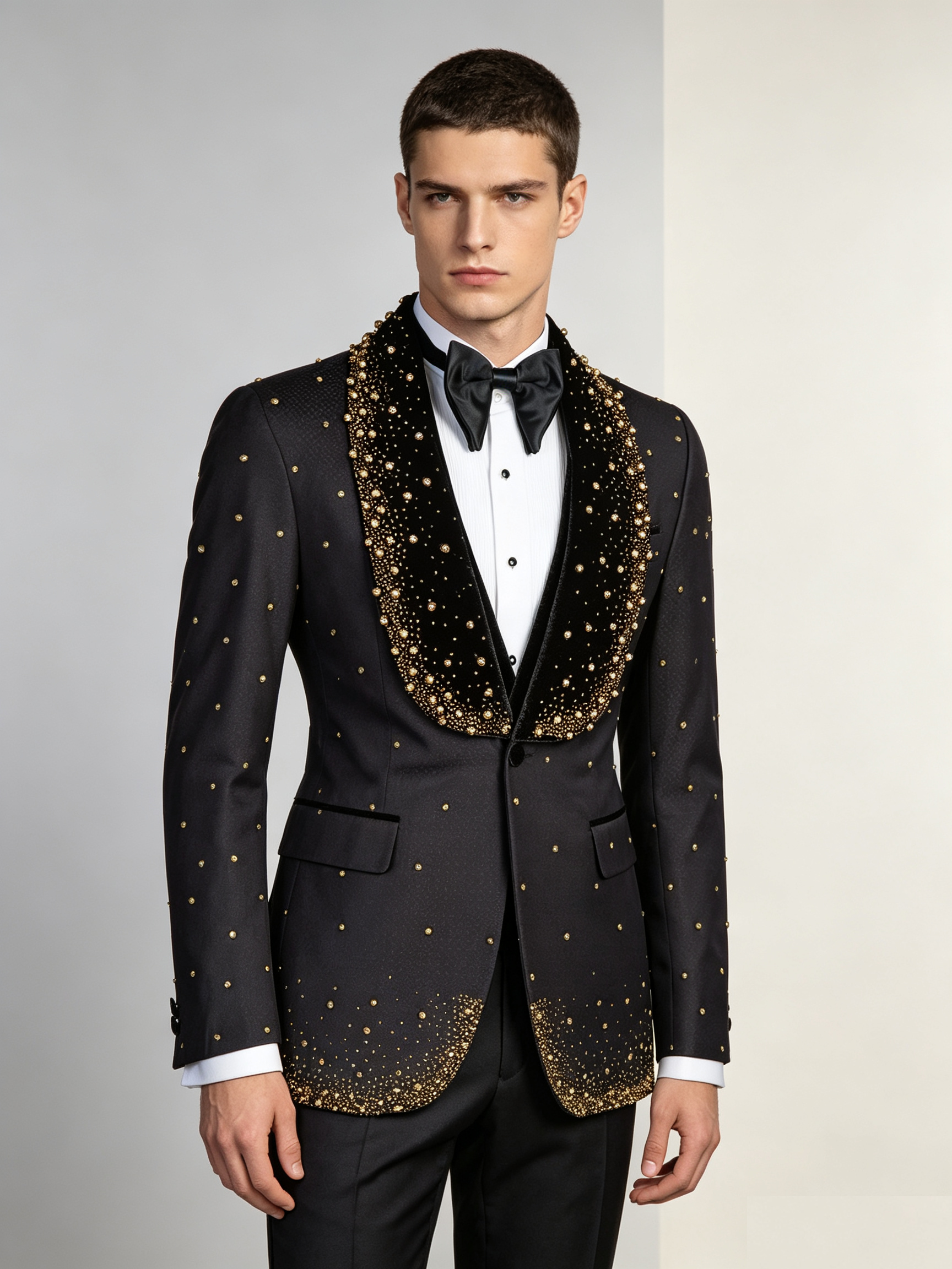Men's Gradient Gold Beaded Velvet Shawl Lapel Tuxedo Jacket, Embossed Jacquard Slim Formal Blazer for Groom Stage Performance