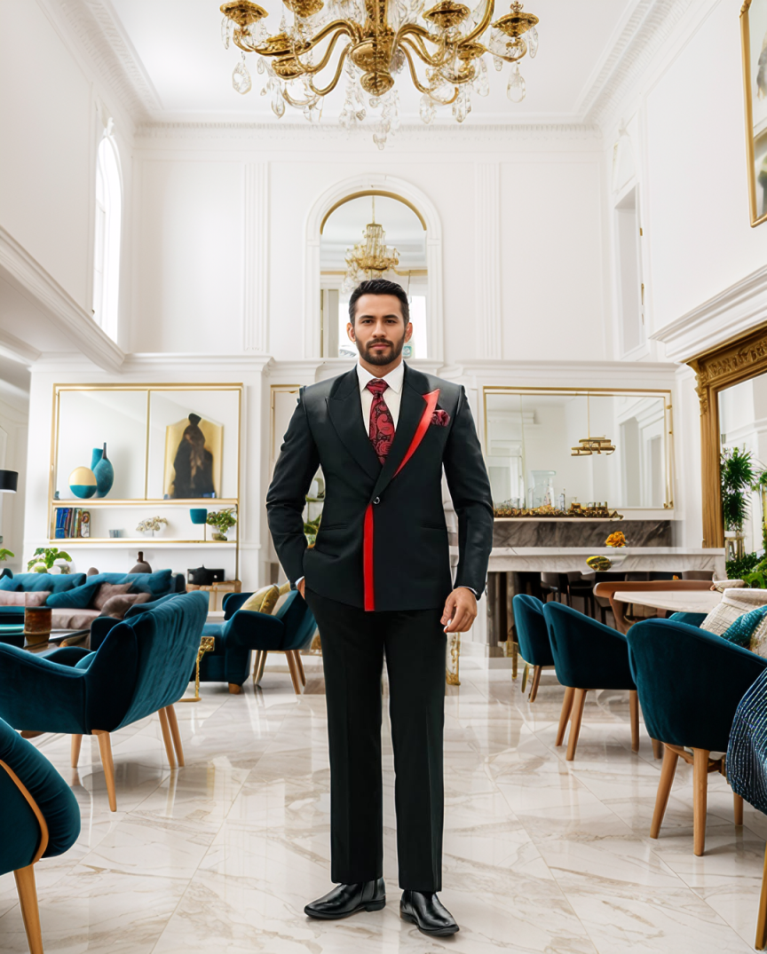 Men's Black Textured Tuxedo Jacket, Asymmetric Red Satin Peak Lapel Slim Formal Suit for Groom Wedding Host Banquet