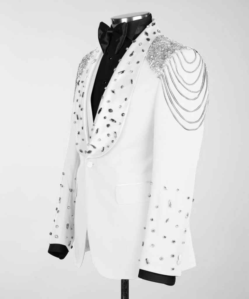 3 Piece Men's Tuxedo Suit with Rhinestones Luxury Prom Blazers Set | Slim Shawl Lapel Jacket Vest Pants Suit for Homecoming, Wedding, Party, Dinner