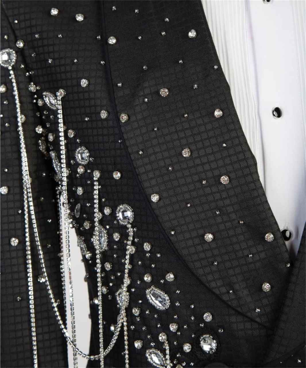 Slim Fit Black Men's Tailcoat Jacket, Handmade Rhinestones, Peak Lapel Double Breasted, Ideal for Evening Parties & Dances