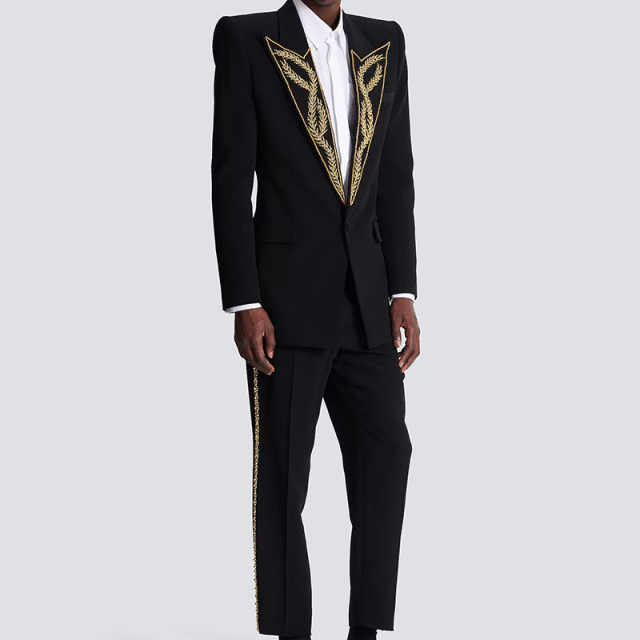 Men's 2-Piece Black Tuxedo Suit, Peak Lapel Symmetric Gold Wheat Embroidery, Slim Blazer & Trousers With Side Gold Stitch For Wedding Stage Banquet