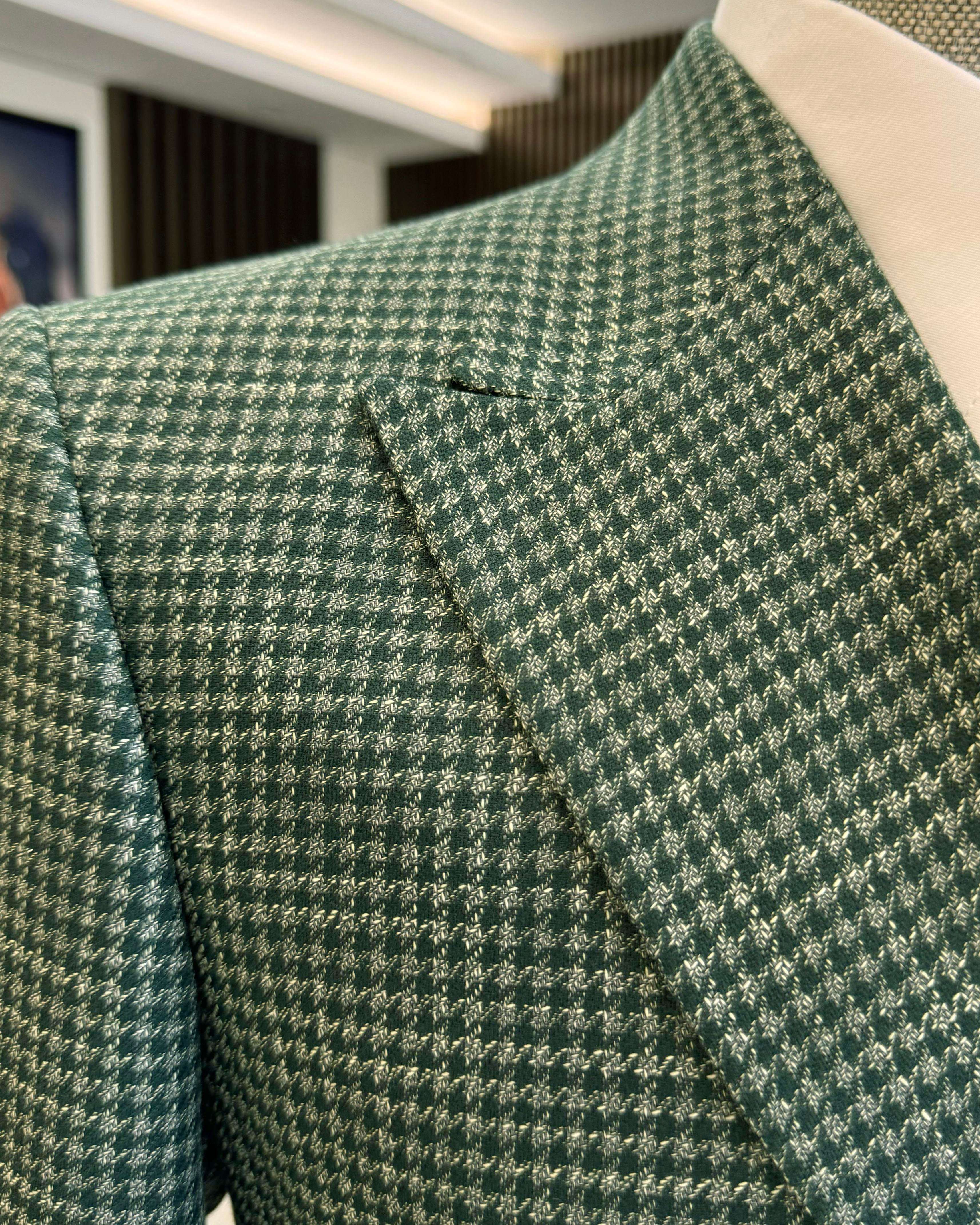 Men's Green Mini Houndstooth Wool Double Breasted Blazer, Peak Lapel Vintage British Sport Coat with Gold Metal Buttons
