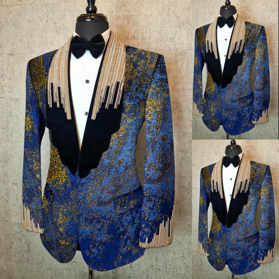 Men's Jacquard Tuxedo with Velvet Shawl Lapel & Heavy Gold Fringe Beading, Slim Fit Formal Suit for Groom Wedding Stage Hosting
