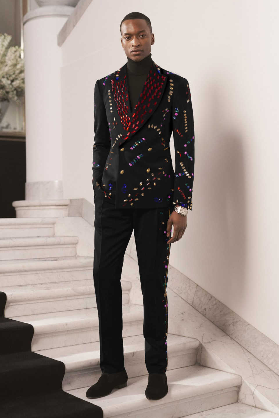 Men's Black Double Breasted Tuxedo Suit with Multi-Color Rhinestone Embellishments, Slim Formal 2-Piece Suit for Singer Stage Show Banquet