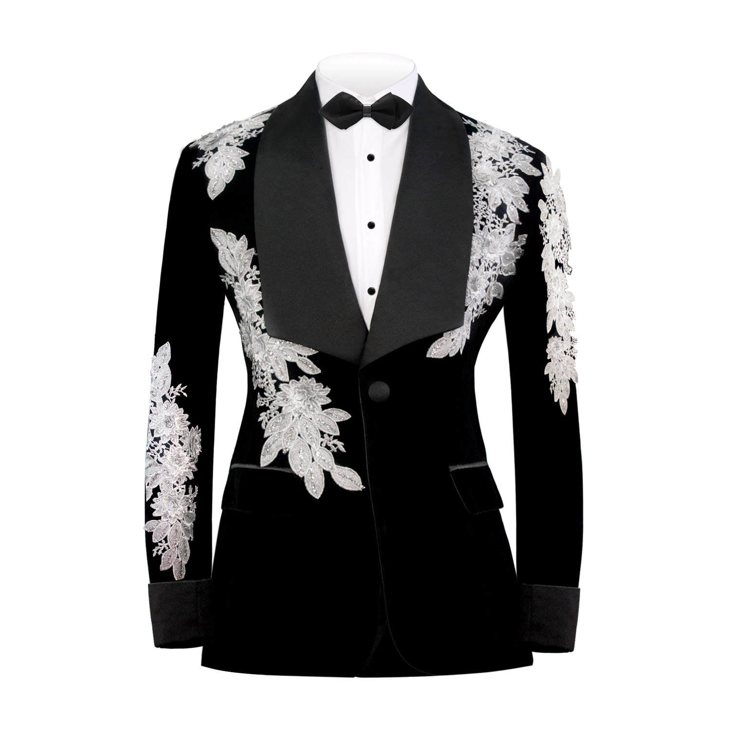 Luxury Dark Green Velvet Tuxedo Jacket, Handmade Silver Floral Rhinestone Embroidery Shawl Lapel Slim Fit Suit for Groom Wedding Host Gala Party