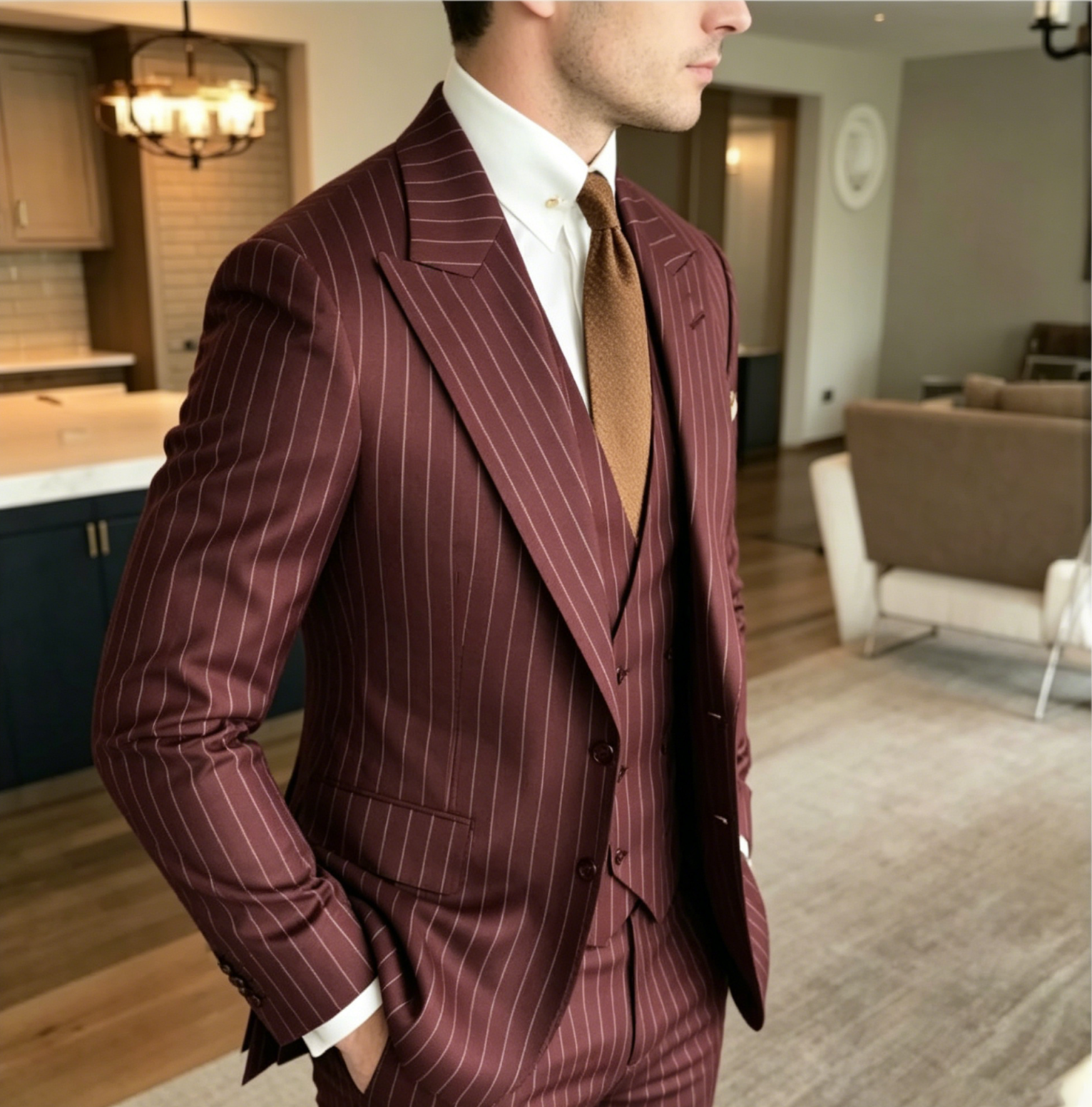 Fashion Mens Pants Suits Pin Striped 3 Pieces Wide Peak Lapel Business Wedding Tuxedos
