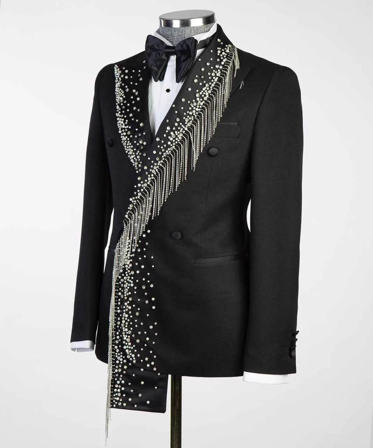 Men's Black Double Breasted Tuxedo with Handmade Rhinestone Fringe Lapel, Slim Formal Suit for Groom Wedding Stage Hosting