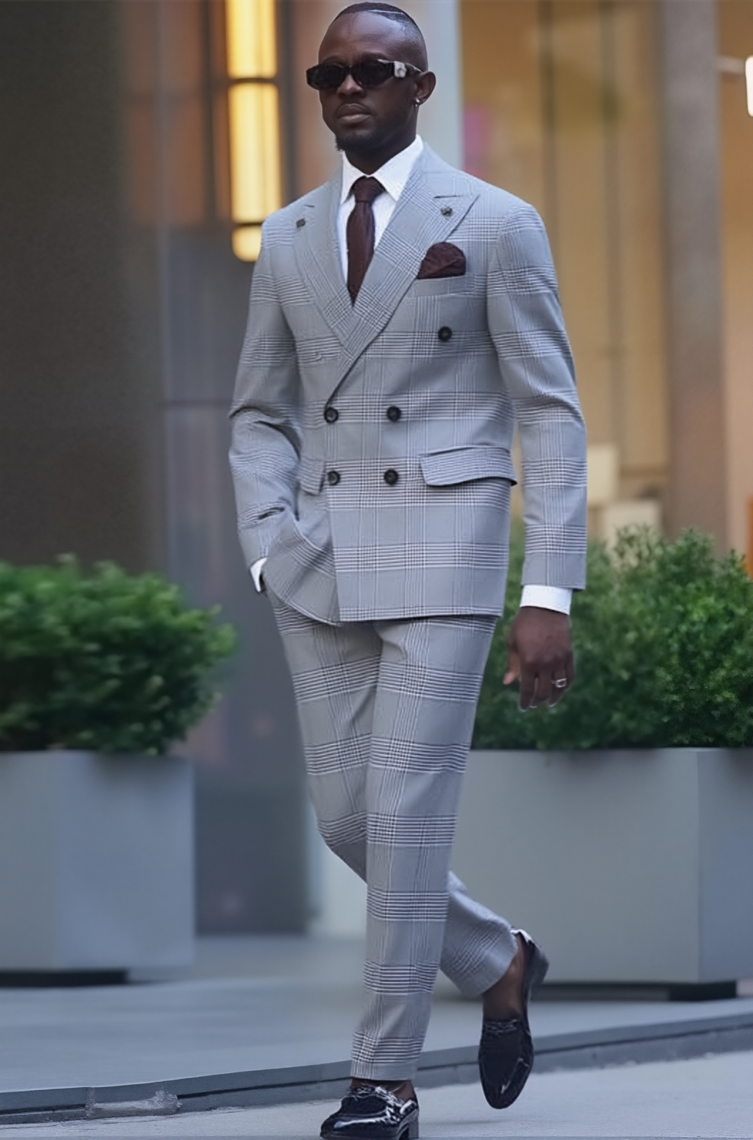 Men's Grey Prince of Wales Check Double Breasted Suit 2-Piece Slim Fit Business Wedding Blazer & Trousers