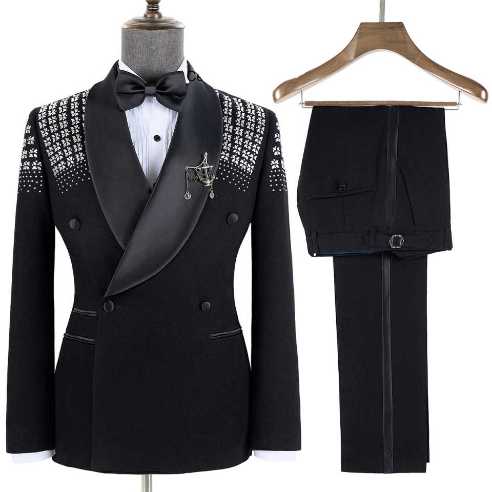 2 Pieces Men Tuxedo Suit with Rhinestones Shawl Lapel Blazer Slim Jacket Pants Set for Wedding，Prom,Party,Dinner