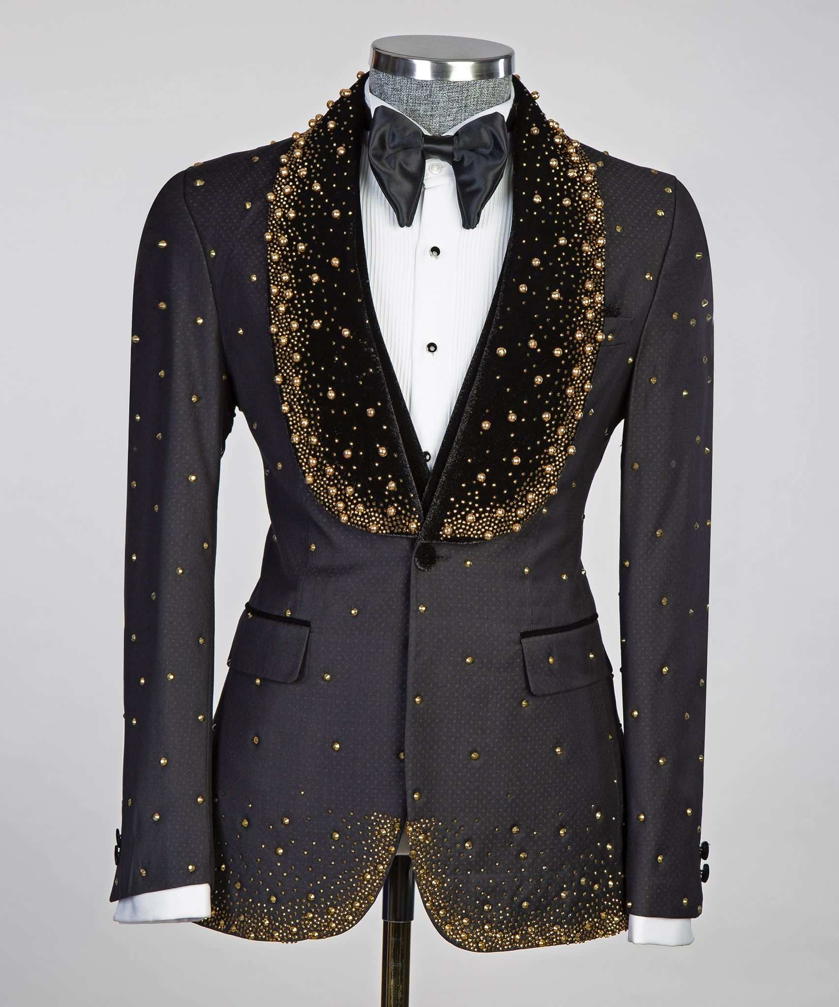Men's Gradient Gold Beaded Velvet Shawl Lapel Tuxedo Jacket, Embossed Jacquard Slim Formal Blazer for Groom Stage Performance