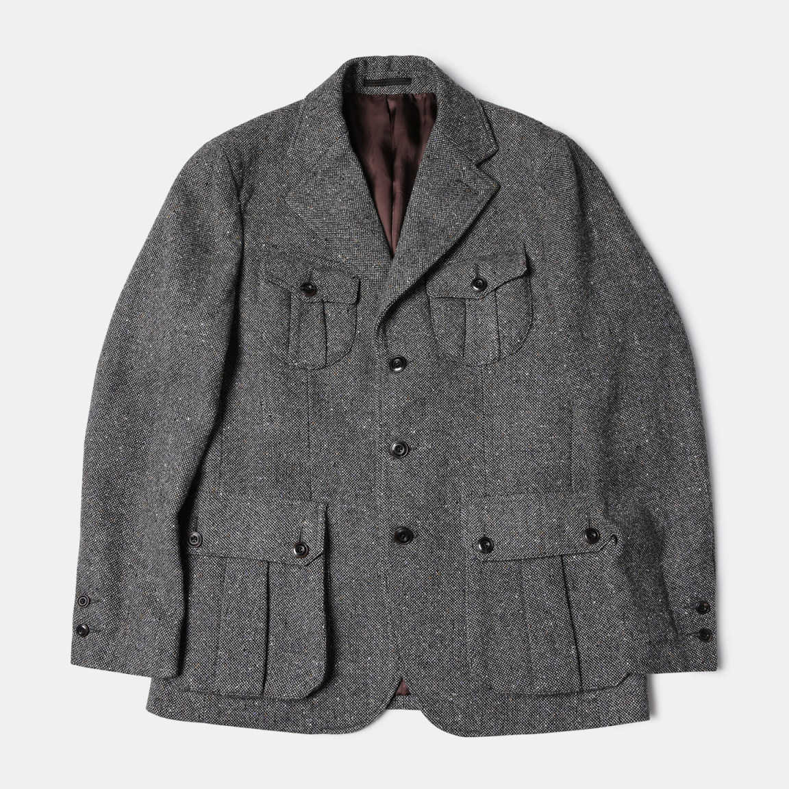 Men's Grey Speckled Tweed 3-Piece Safari Suit, Multi Cargo Pockets Notch Lapel Vintage Wool Blazer Waistcoat Trousers