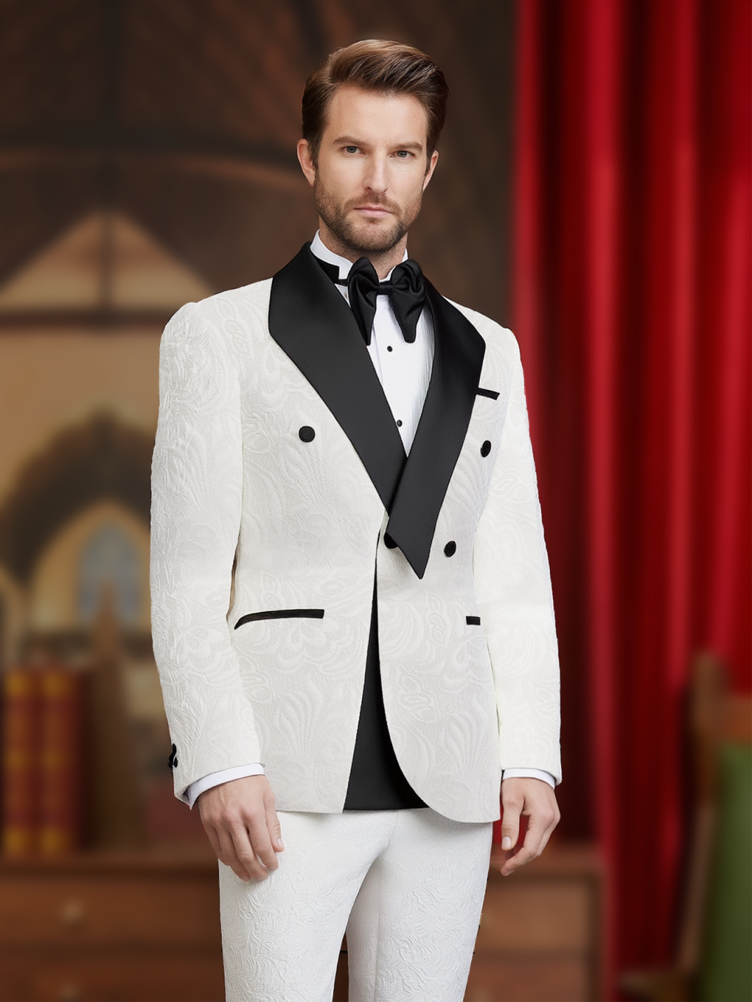 Men's White Embossed Jacquard Double Breasted Tuxedo Satin Shawl Lapel Wedding Suit Jacket