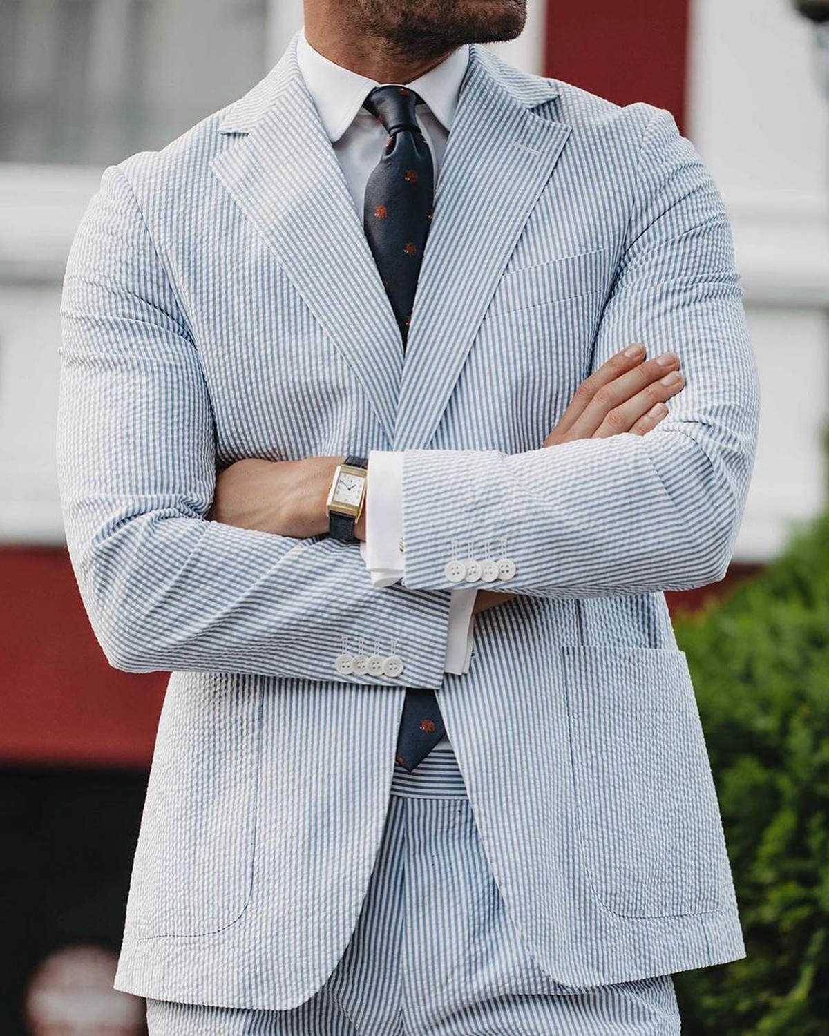 Men Blue White Striped Seersucker Suit Peak Lapel Slim Fit 2 Piece Jacket Pants Summer Beach Wedding Casual Business Suit Set