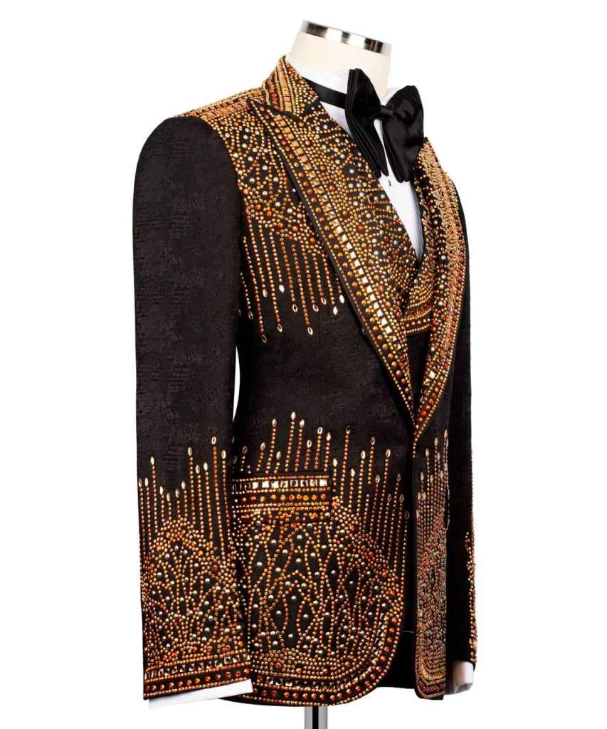 Men's 3-Piece Black Textured Tuxedo Suit, Full Body Gradient Gold Brown AB Rhinestones Shawl Lapel Matching Waistcoat & Trousers for Stage Wedding Banquet