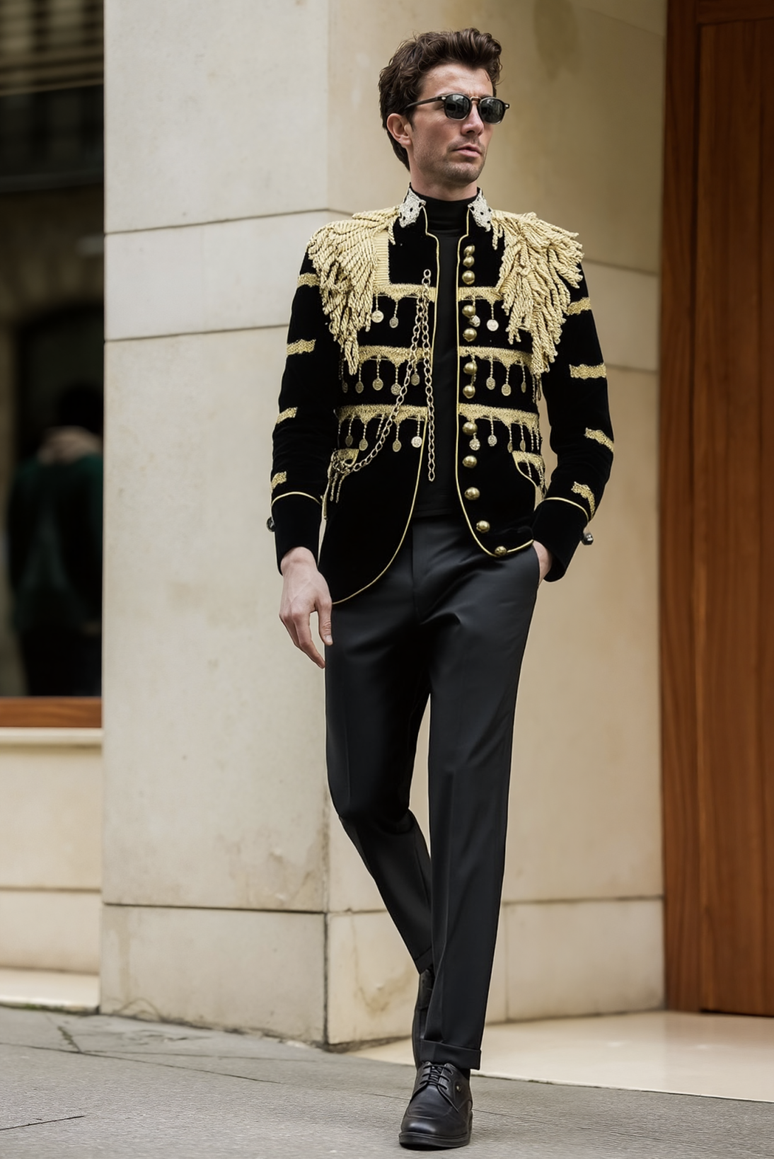 Mens Gold Tassels Stylish Suit Jacket Stand Collar Slim Fit Steampunk Gothic Vintage Uniform Man Suit
