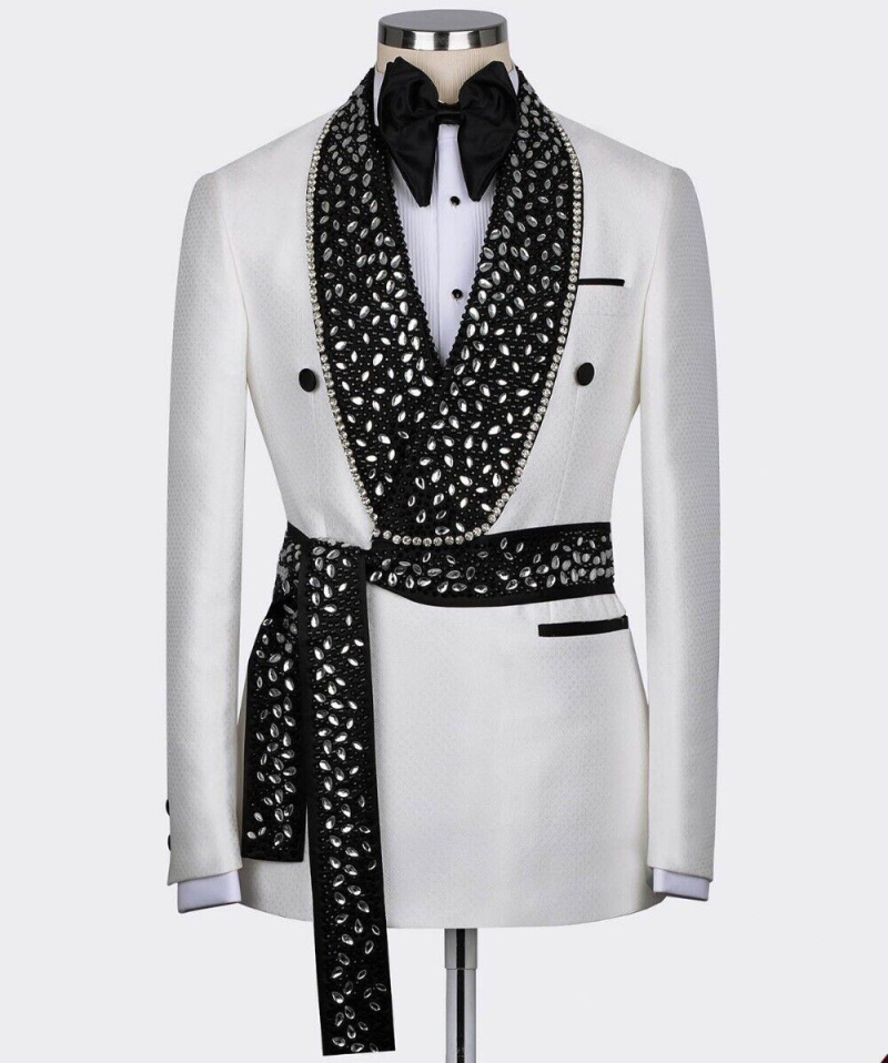 Men's Tuxedo Rhinestones Suits with Belt Slim Luxury Wedding Party Blazer Jacket Pants Suit Prom,Dinner Set