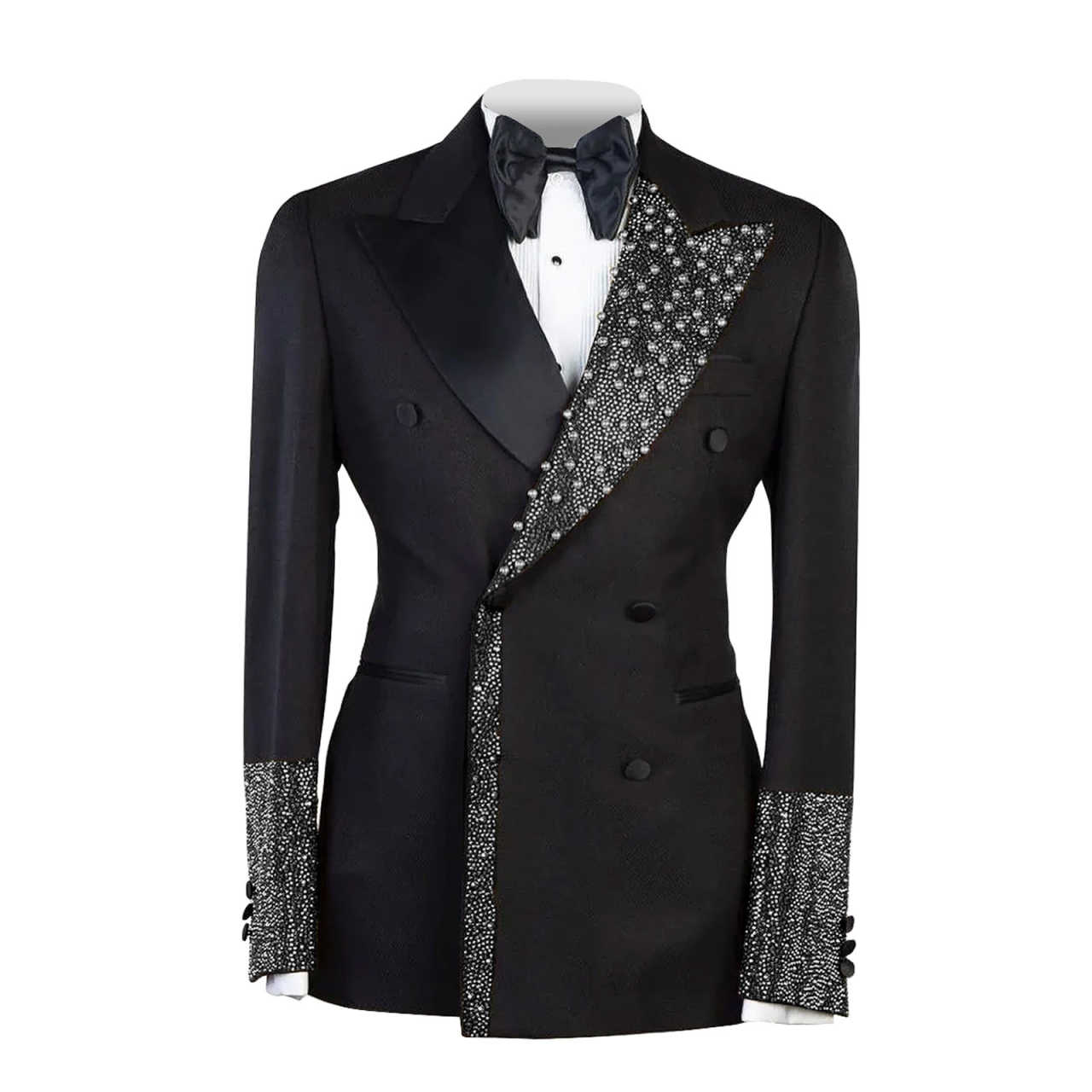 Men's Luxury Tuxedo Slim Fit Wedding Groom Men Black and Gold Sequin Peaked Lapel for Prom Party Dinner