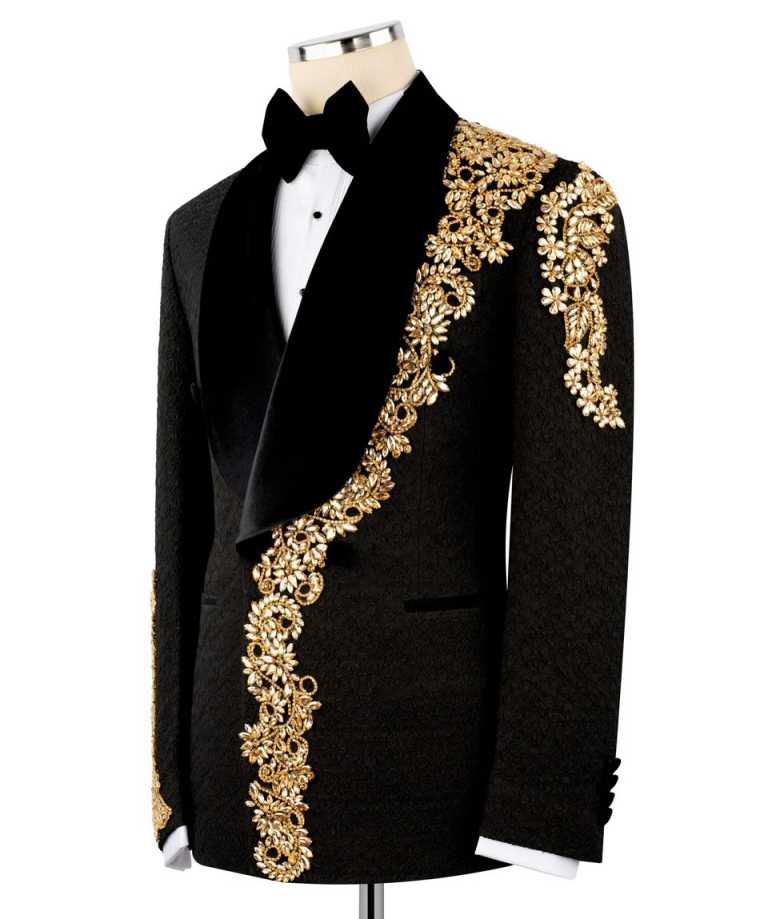Men's Black Jacquard Tuxedo Jacket with Velvet Shawl Lapel, Gold & Silver Floral Rhinestone Embroidery Formal Blazer for Groom Stage Performance