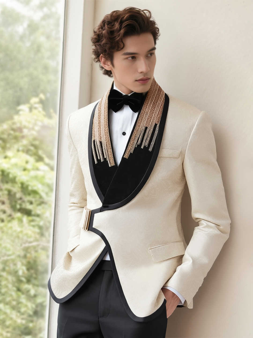 Custom White Jacquard Slim Tuxedo with Gold Rhinestone Tassel Shawl Lapel for Wedding Host Groom