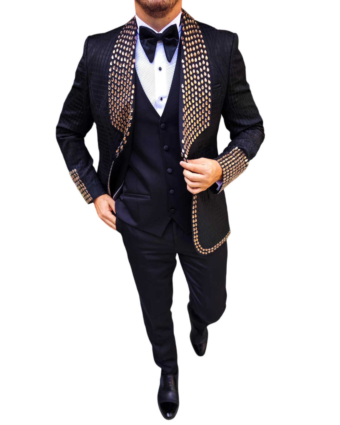 Men's Black Croc Texture Tuxedo Suit, Shawl Lapel Cuffs Hem Fully Decorated Gold Teardrop Beads Slim Formal Outfit for Groom Stage Show