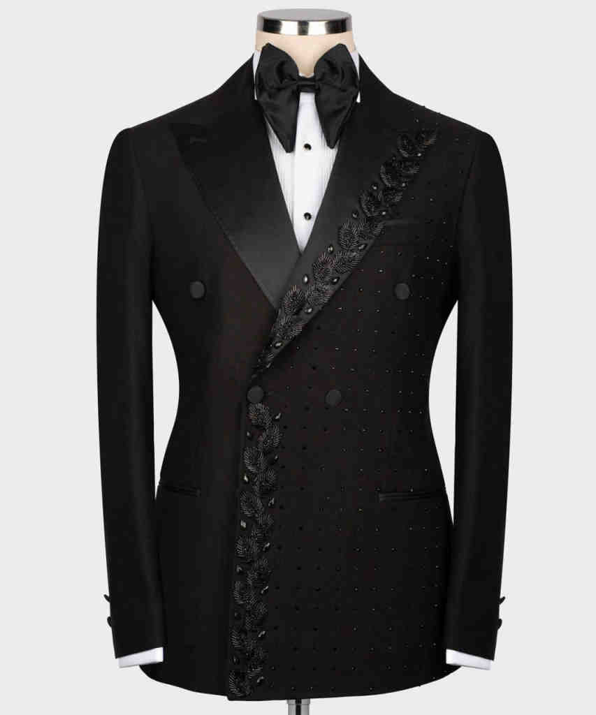 Men's Feather Embroidery Rhinestone Double Breasted Tuxedo 2 Piece Suit