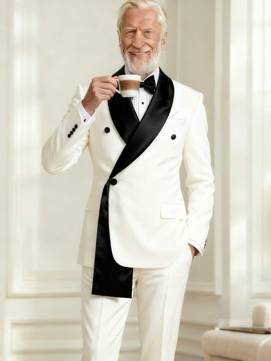 Men's Asymmetric Satin Shawl Lapel Double Breasted Tuxedo Black & White Formal Suit